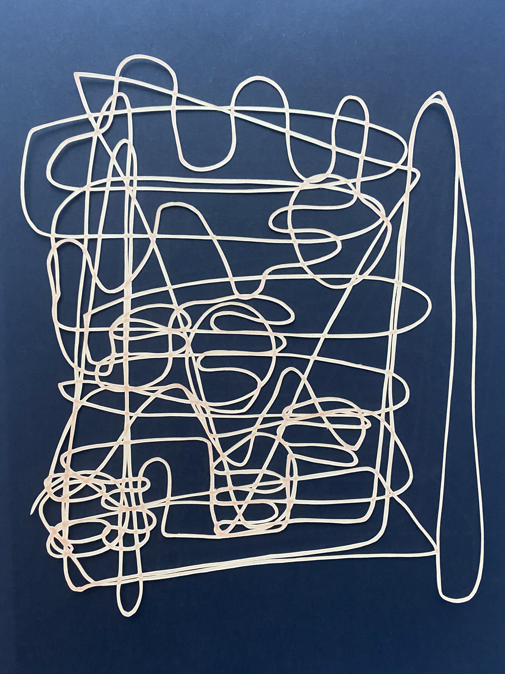 Veliero, papercut by Laura Kinney of a blind contour drawing of Franco Albini's Veliero bookcase, cream continuous line on navy ground