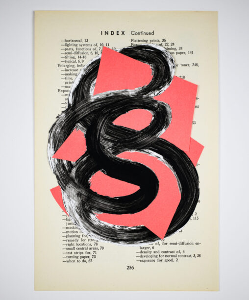 #256, collage by Laura Kinney with black acrylic papercut form and pink Post-it notes layered on a vintage book index page