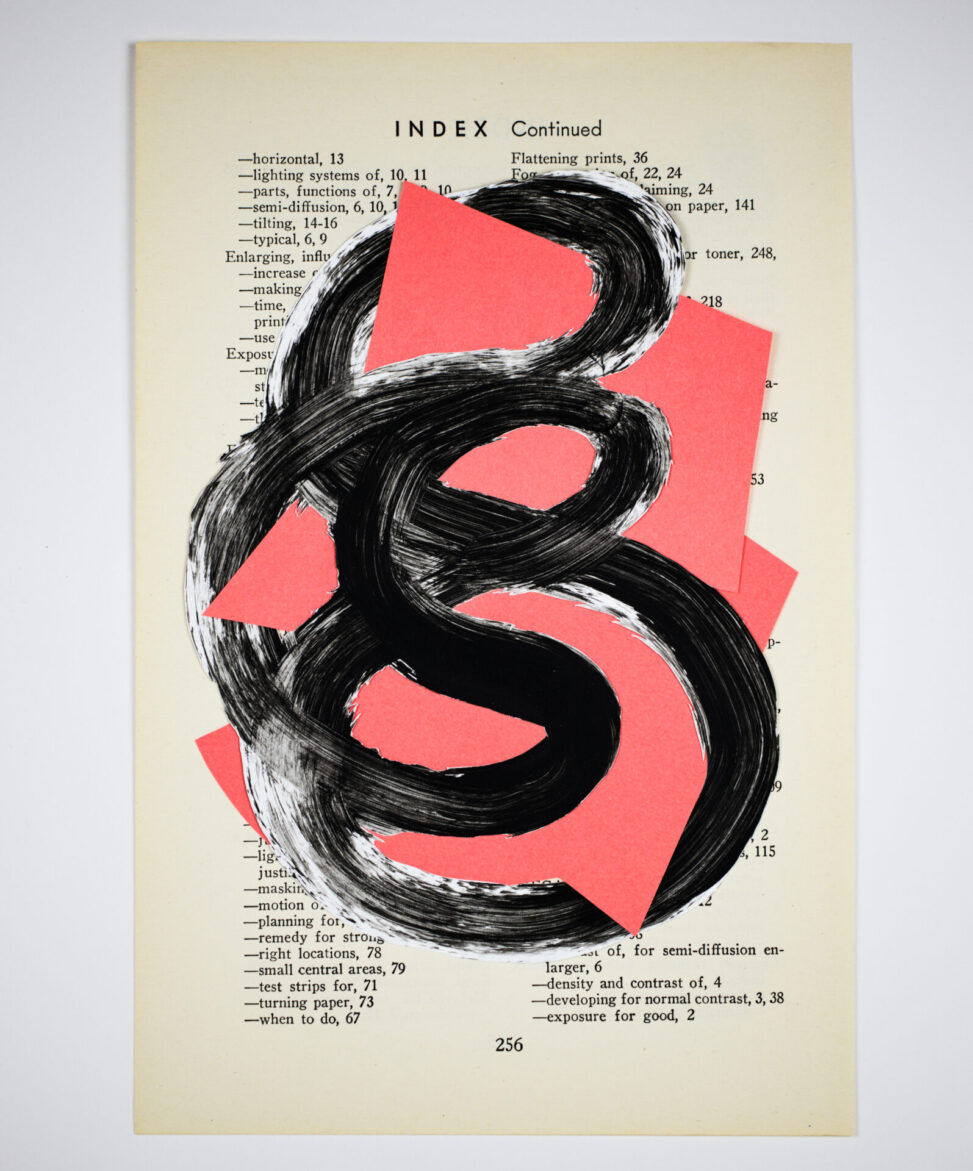 #256, collage by Laura Kinney with black acrylic papercut form and pink Post-it notes layered on a vintage book index page