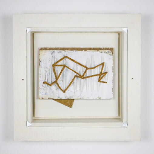 Routefinding, assemblage by Laura Kinney with geometric cork form on painted papier-mâché in a white shadow box frame
