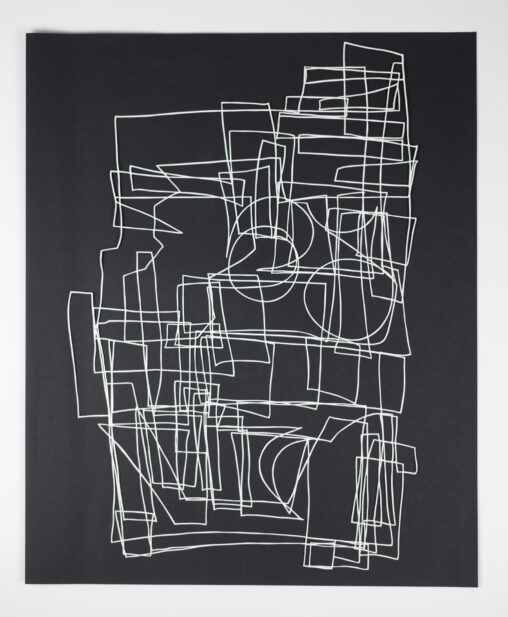 Document, papercut by Laura Kinney with white blind contour of a pinned scrap composition on a black ground
