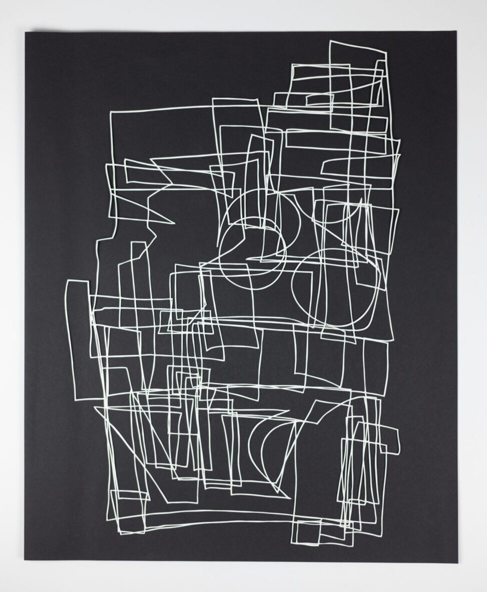Document, papercut by Laura Kinney with white blind contour of a pinned scrap composition on a black ground