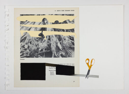 Field Notes No. 1, collage by Laura Kinney with cut hiking guide page, cream and black paper, and magazine scissors
