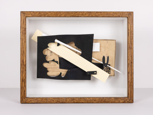 How to Build a Bunny, 3D paper assemblage by Laura Kinney with cut paper, found materials, and mixed elements in a wood shadow box