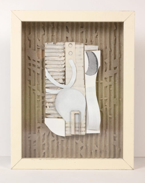 Inheritance, 3D paper assemblage by Laura Kinney with corrugated cardboard, cut mat board, and mixed paper elements in a cream frame