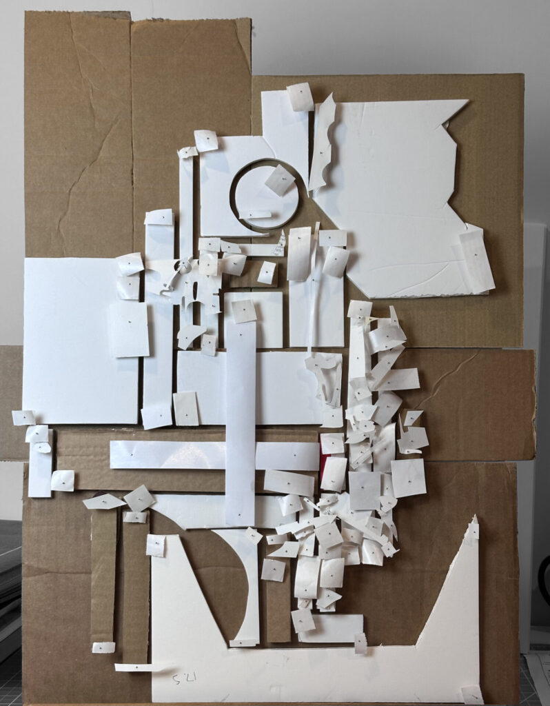 Source composition for Document, pinned paper scraps on cardboard, since dismantled